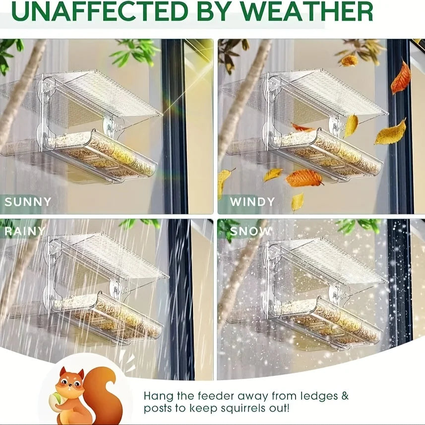 Large Window Bird Feeder with Removable Seed & Water Tray, for Wild Birds with 4 Super Strong Adhesive Hooks