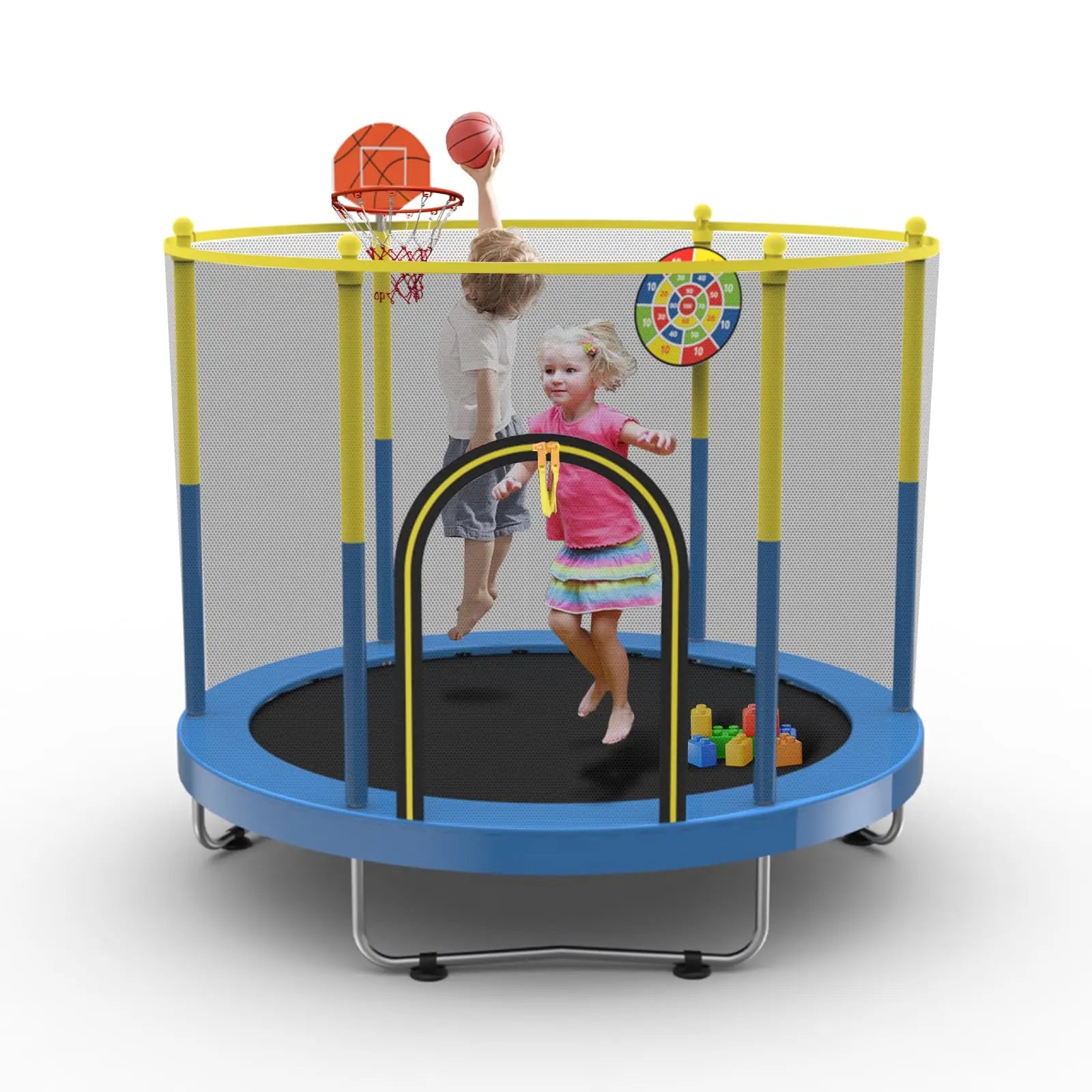 60" Trampoline for Kids with Net, 5FT Indoor & Outdoor Small Toddler Trampoline with Basketball Hoop & Dart Board for Ages 1-8,