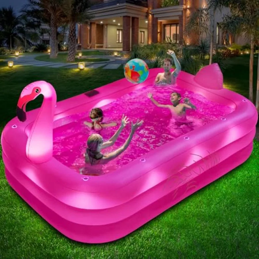 Inflatable Pool with Lights Solar Flamingo Swimming Pool for Backyard Outdoor Use Durable Thickened PVC Bright Pink 100X63X20