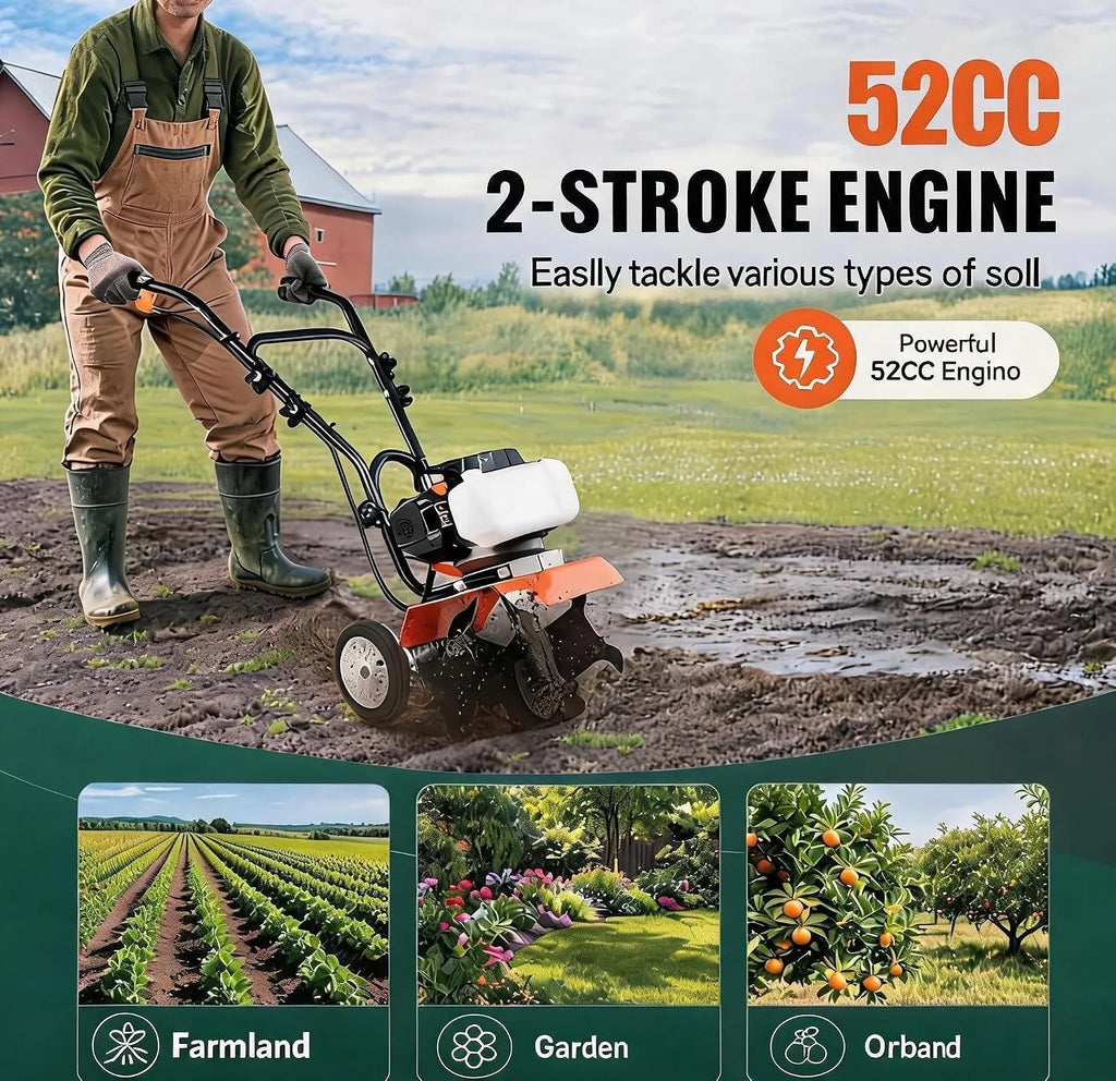 52CC Gas Powered Tiller Cultivator 2 Stroke Engine Garden Rototiller with Adjustable Steel Tines 11.8 Inch Working Width Soil Cultivator for Vegetable Garden Flower Bed Yard Field Farming