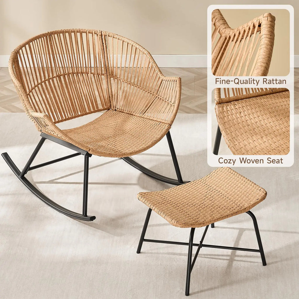 Papasan Rocking Chair with Ottoman, Oversized Wicker Rattan Egg Patio Chair Indoor Outdoor Lounge Rocker Chair for Garden