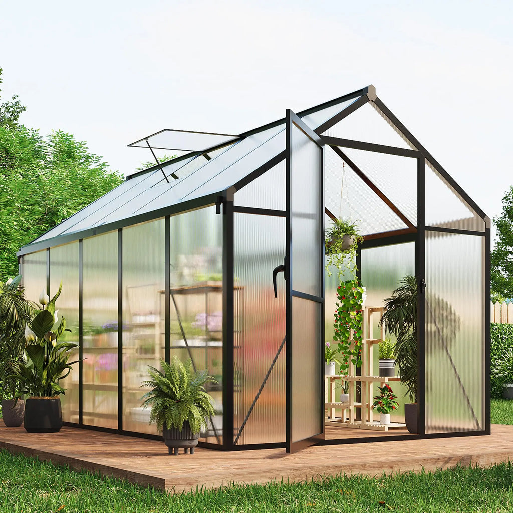 HiMiss 6x10 FT Polycarbonate Greenhouse For Outdoors, Aluminum Walk-In Greenhouse With Roof Vent & Lockable Door For Garden Backyard