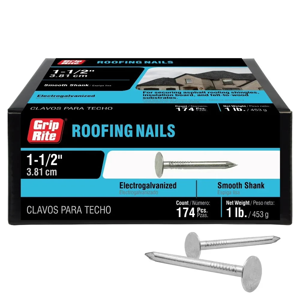 Grip Rite Electro Galvanized Roofing Nails 1Lb Pack of 11 x 1-1/2 Inch Corrosion Resistant Construction Nails for Shingle Metal Roof DIY Building Hardware