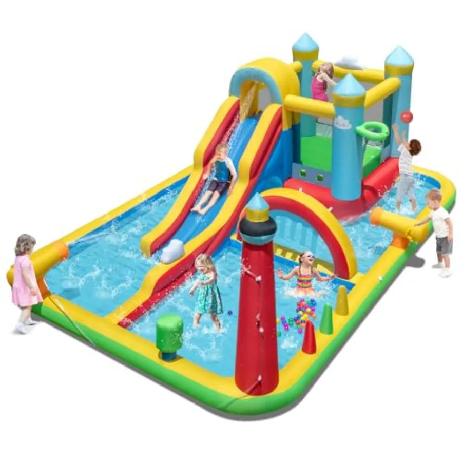 YAO HUI HUANG Outdoor inflatable water slide combo for kids: PVC material blue and yellow mega splash pool + long wet slide + bouncy castle d