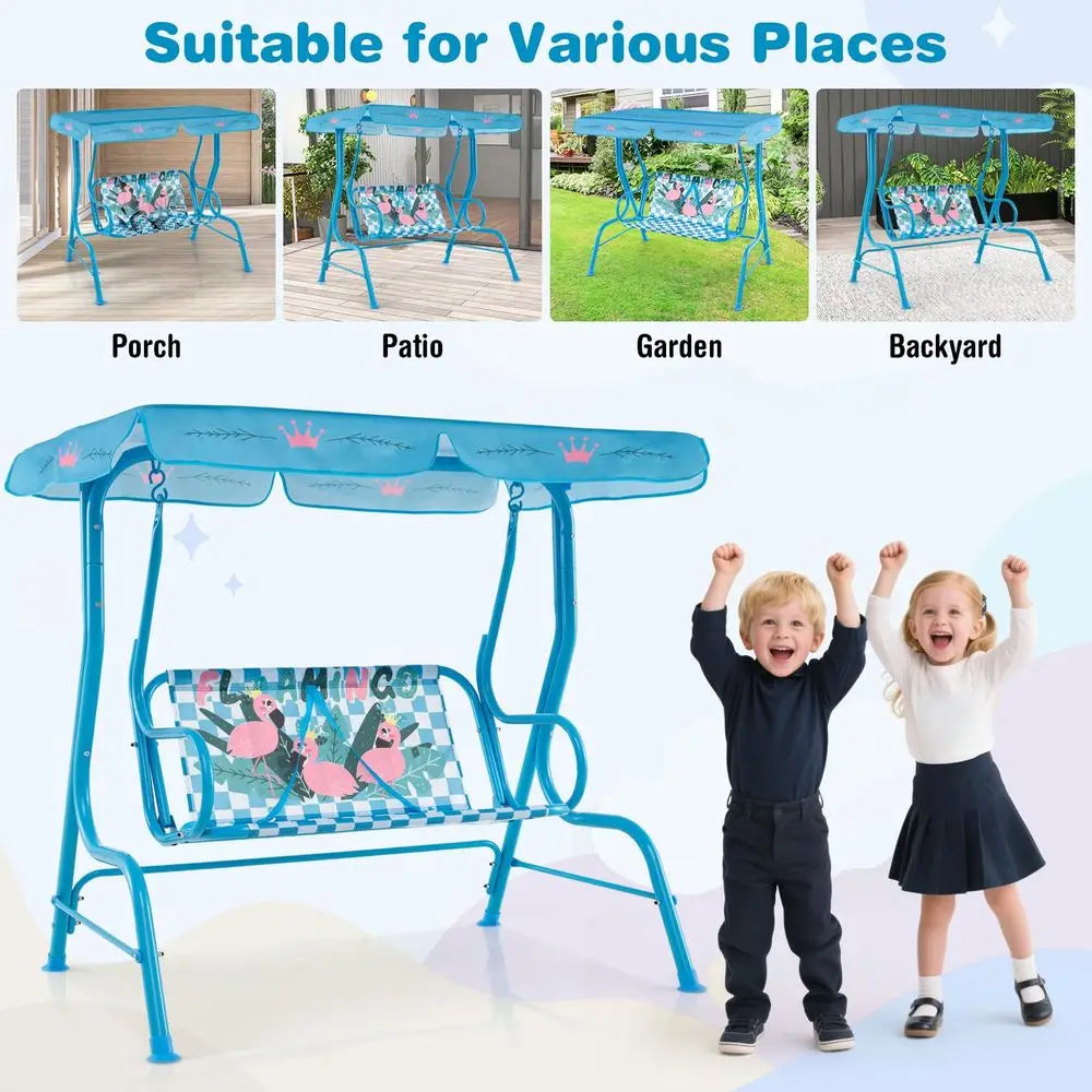 Kids Patio Swing, 2Seater Outdoor Porch Swing Lounge Chair, Adjustable Canopy amp Safety Belt, All Weather Resistant Waterproof