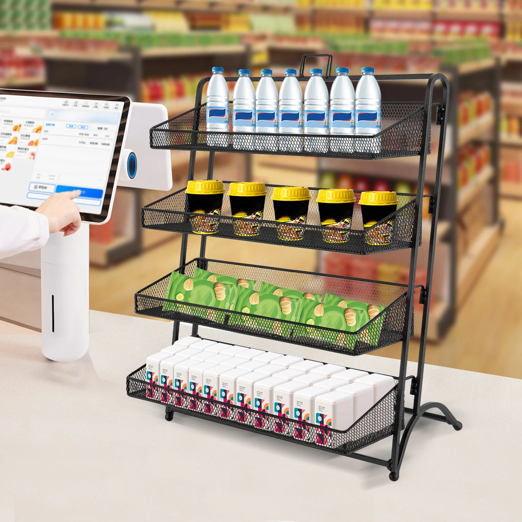 Multifunctional Storage Basket, 4 Tiers Retail Display Rack, Counter Groceries Display Shelf for Stores Office.
