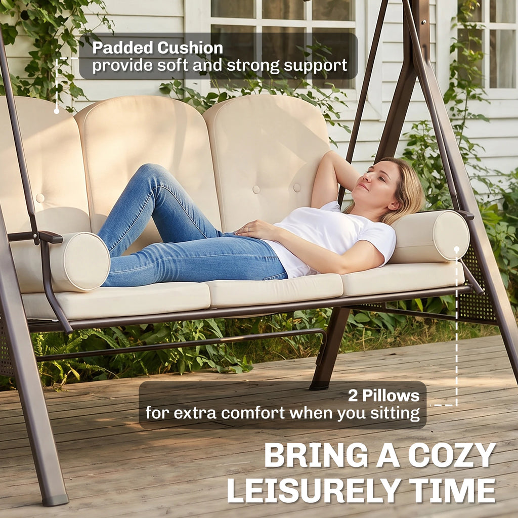 3-Person Outdoor Canopy Patio Cushioned Bench Porch Swing Seat, Beige