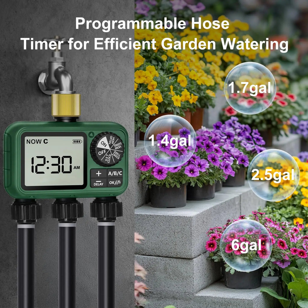3-Zone Programmable Sprinkler Timer, Automatic Irrigation System with Rain Delay & Manual Watering, Brass Inlet Controller for Garden & Lawn