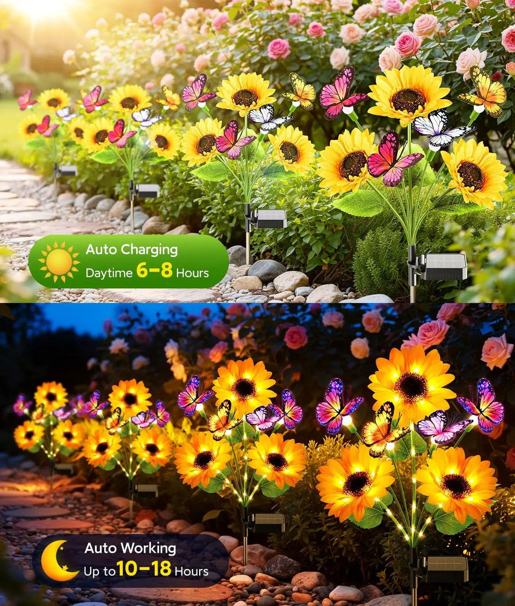 Solar Garden Lights Outdoor Decor, Upgraded 2 Pack Solar Sunflower Lights with 8 Butterflies, Solar Flowers Outdoor Waterproof for Yard Lawn Garden Decor
