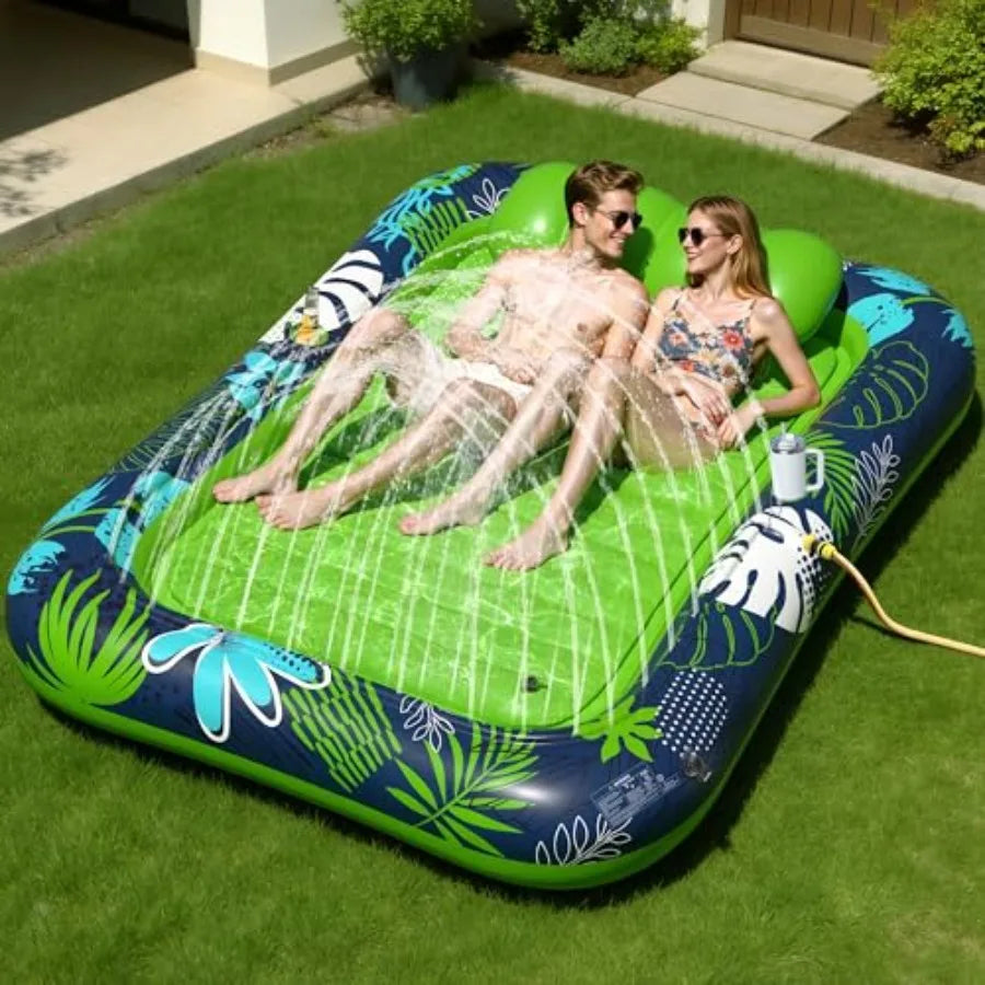 Josen Inflatable tanning pool lounger float for outdoor water use heavy-duty PVC material blue color XXL 83 x 63 size with sprinkler