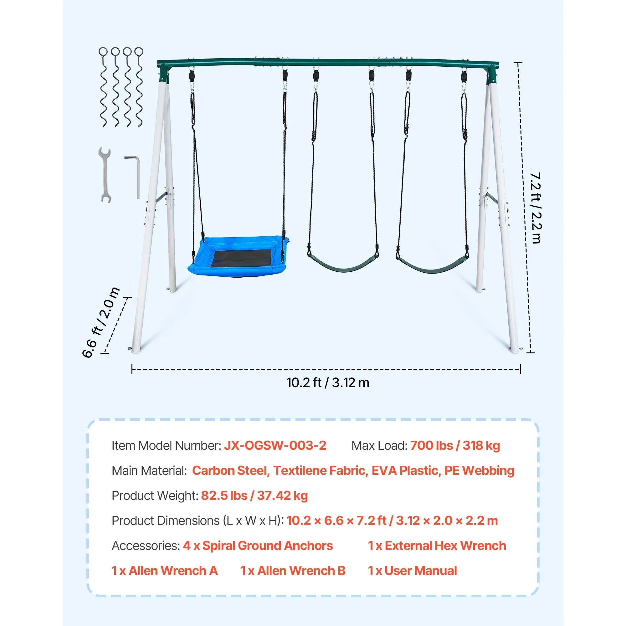 SucceBuy Swing Set for Backyard 45x30in Swing Seat and Two Belt Seats with A-Frame Metal Stand 700lbs Swing set Outdoor for Kids