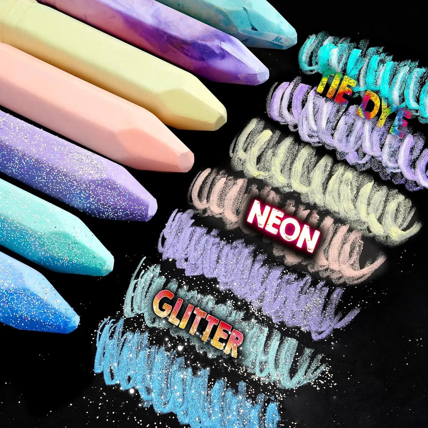 36 Washable Sidewalk Chalk, 6 Packs with Tie-Dye, Glitter & Neon Colors for Kids Outdoor Fun
