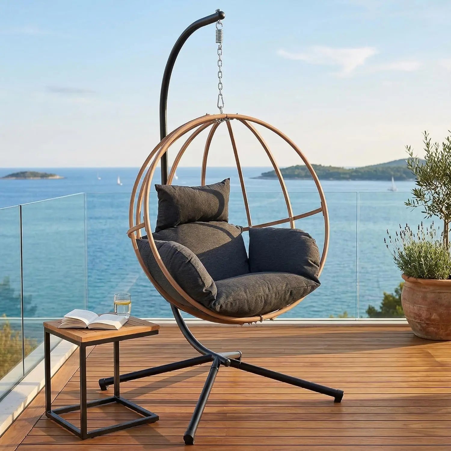 Double Egg Hanging Swing Chair with Stand Cushions Headrest 80"H Metal Basket for Indoor Outdoor Patio Deck Brown, Customized