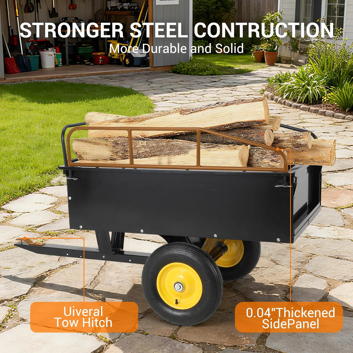750 lb Steel Dump Cart 17 Cu Ft ATV Utility Trailer, Removable Sides, Pull Behind Lawn Mower Tractor UTV Garden Yard Hauler