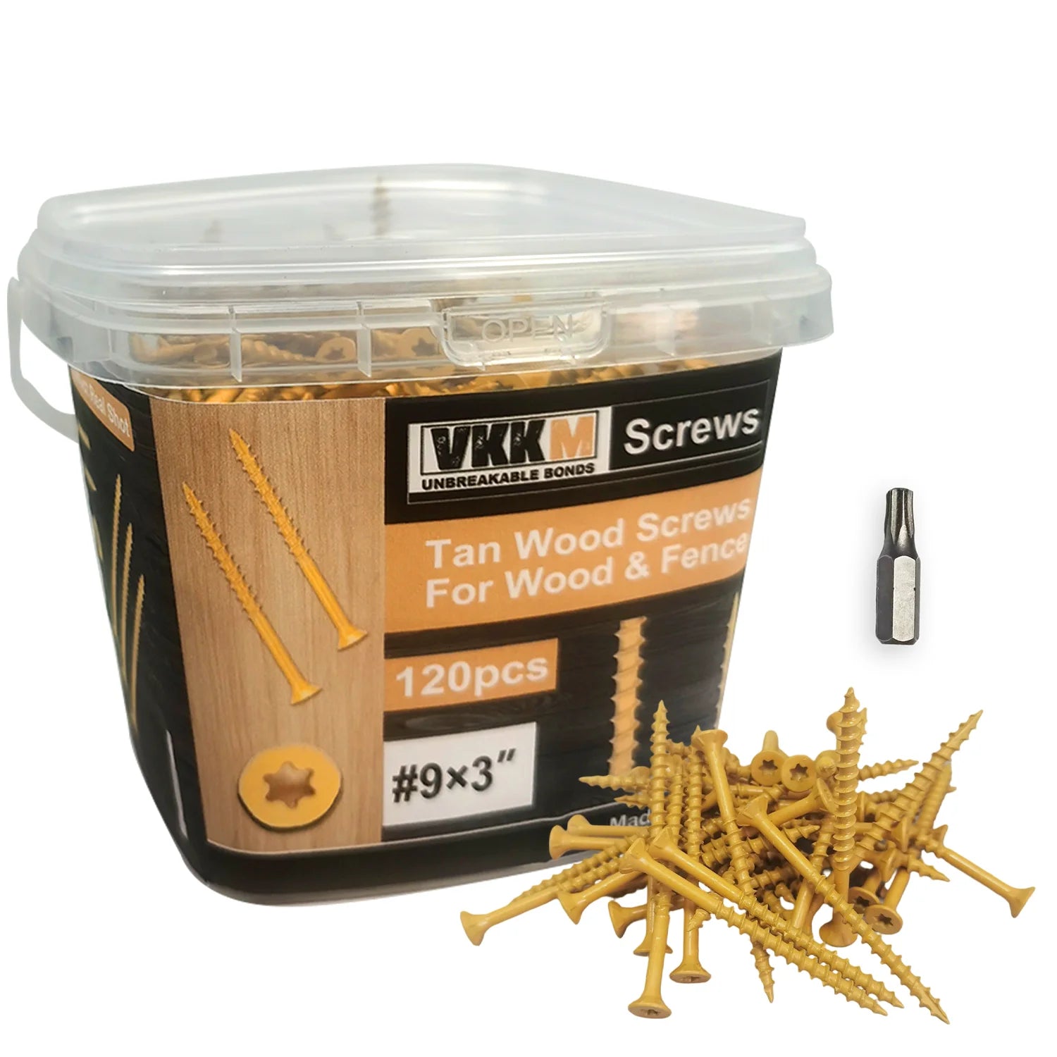 VKKM #9 x 3" Tan Exterior Deck Screws 120pcs, T25 Torx Star Drive Wood Screws, Anti-Corrosion Coated Countersunk Self-Tapping Screws for Decking, Fencing, Outdoor Wood Projects, with Free T25 Drive Bit