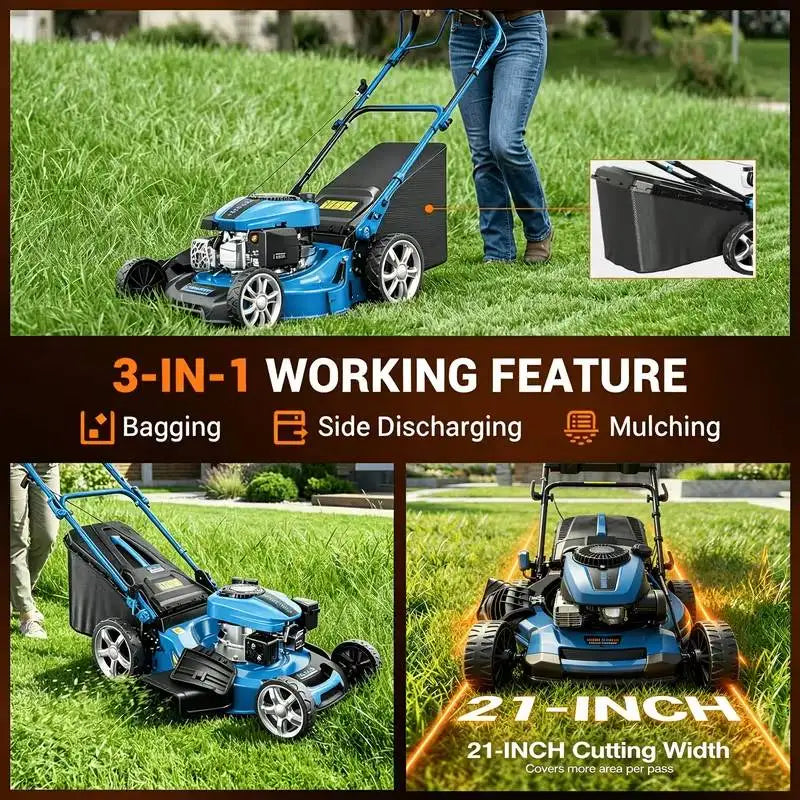 201cc 4-Stroke 2800RPM Self-Propelled Gas Lawn Mower, 21" Cutting Deck Gas Powered Hand Push Lawn mower, 7 Levels Adjustable Cutting Height, 3-in-1 Functions (Bagging, Mulching and Side Discharge) for Medium Large Yard
