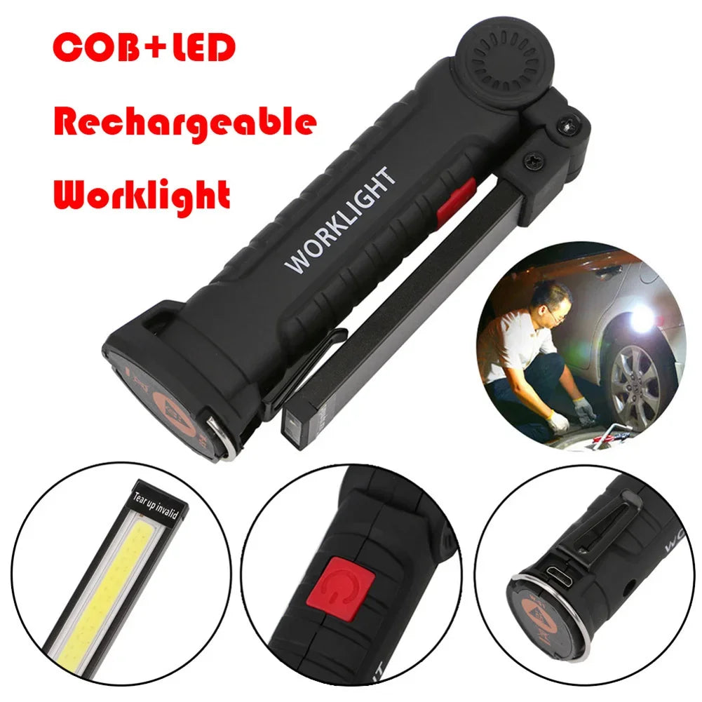 COB High Power LED Flashlight, USB Rechargeable, Hanging Hook, Magnet, 5 Modes