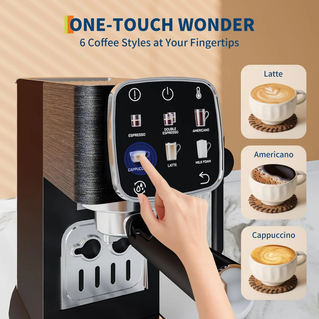 Acekool Espresso Machine 20 Bar, Compact Espresso Maker with Steam Milk Frother, Touchscreen Stainless Steel Coffee Machine with 45oz Removable Water Tank, Adjustable Temperature