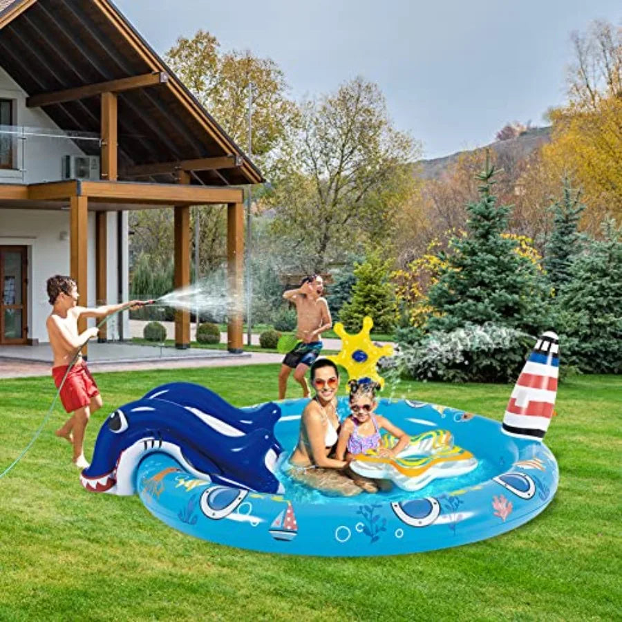 Kiddie Pool with Slide Inflatable Play Center Wading Lounge Pool, Marine Life Sprinkler, 60" x 25" Water Game Play Center for Kids