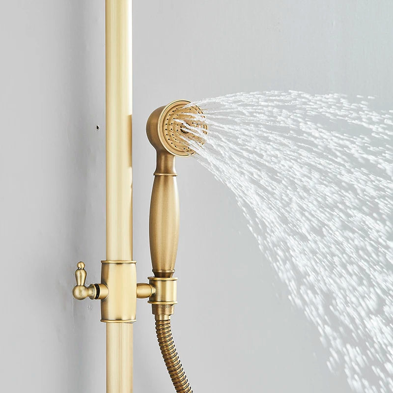 Antique Brass Shower Faucet Set, Rainfall Head Shower, Handheld Shower