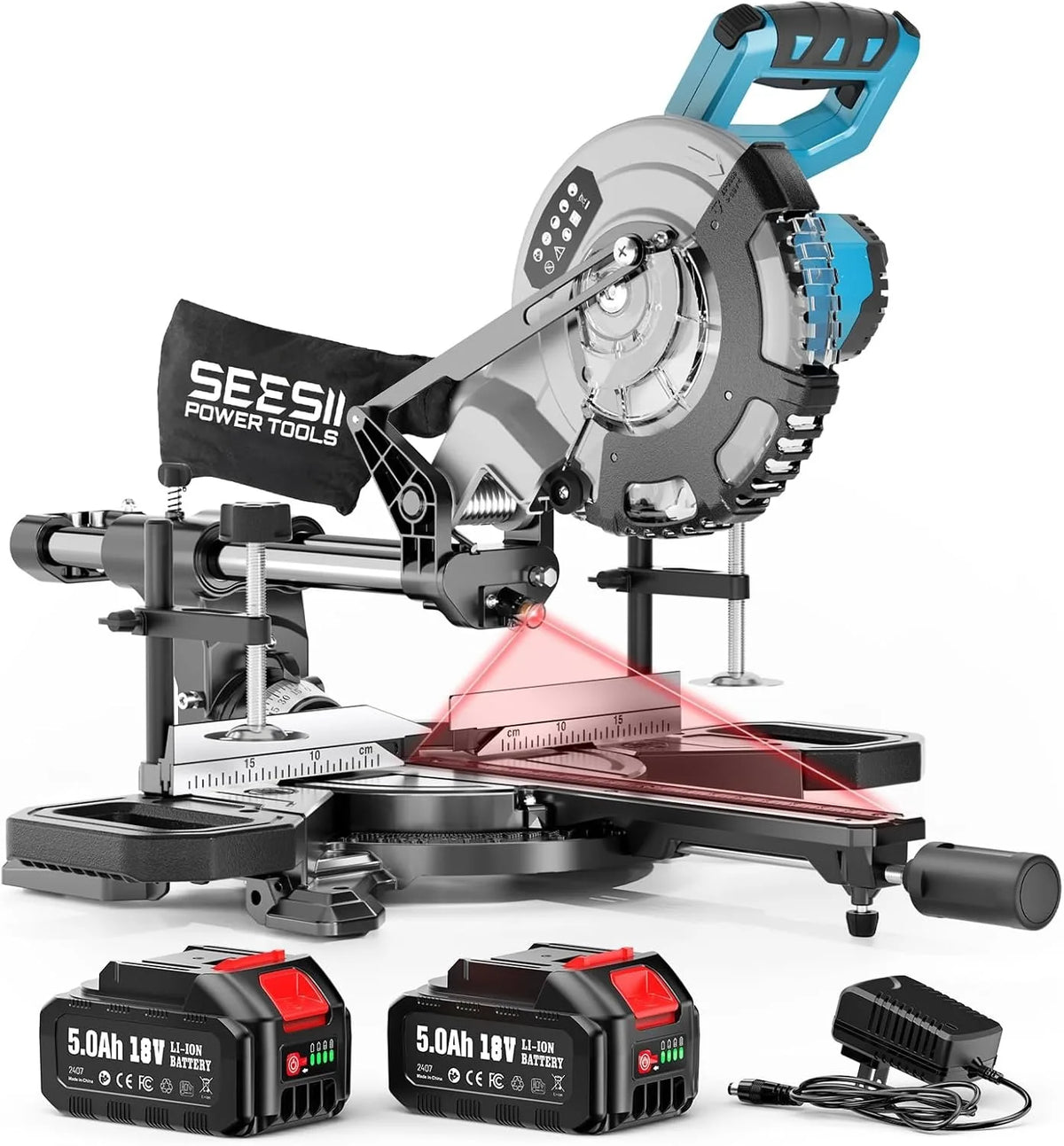 SEESII 8-Inch Sliding Compound Miter Saw Cordless Power Miter Saw with Laser Guide 2 pcs 5000 mAh Batteries Single Bevel 45° 24T TCT Blade Max Cut 2.5×12-inch Ideal for DIY & Woodworking