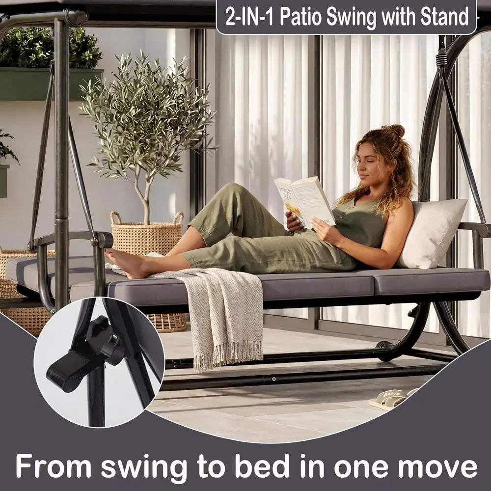 Patio Porch Swing Chair with Canopy, 3-Person Outdoor Hammock Bench with Comfortable Cushions