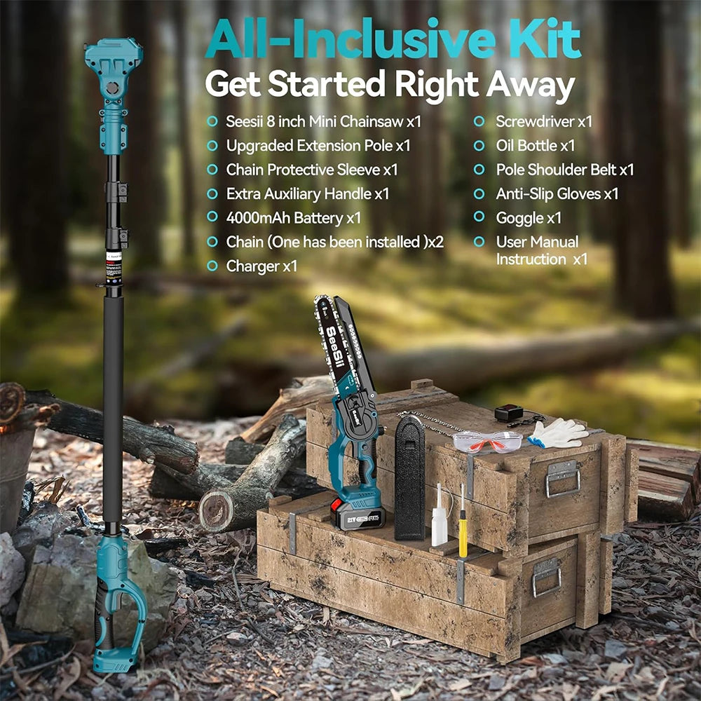 Polesaw High Branch Saw, Cordless 8'' Chainsaw, 3M Extension Pole. 2 x 21 Volt Batteries & Charger