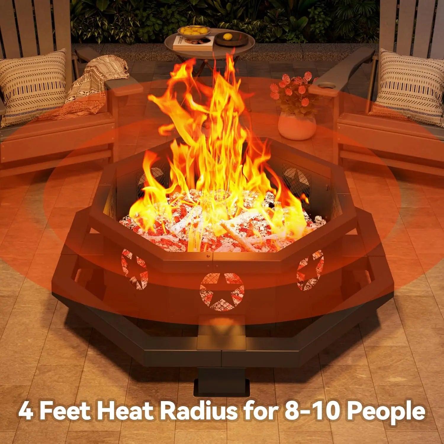 45 Inch Fire Pit for Outside, Wood Burning Firepit, Outdoor Octagonal Fire Pit with Poker, Large Firepit for Backyard, Patio