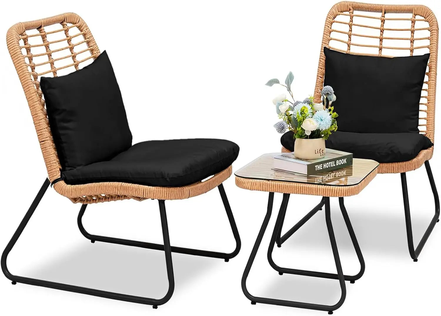 3 Piece Outdoor Wicker Bistro Set, Patio Conversation Set, 2 Large Rattan Chairs W/Tempered Glass Table, Patio Furniture