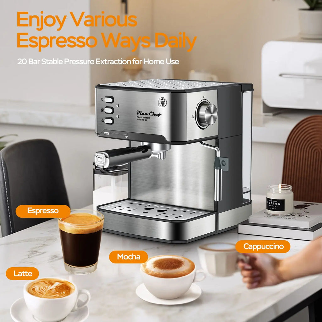 Plum Chef Espresso Machine 20 Bar Professional Compact Homehold Coffee Espresso Maker with Milk Frother Steam Wand 54oz Water Tank Low Noise and Fast Coffee Machine
