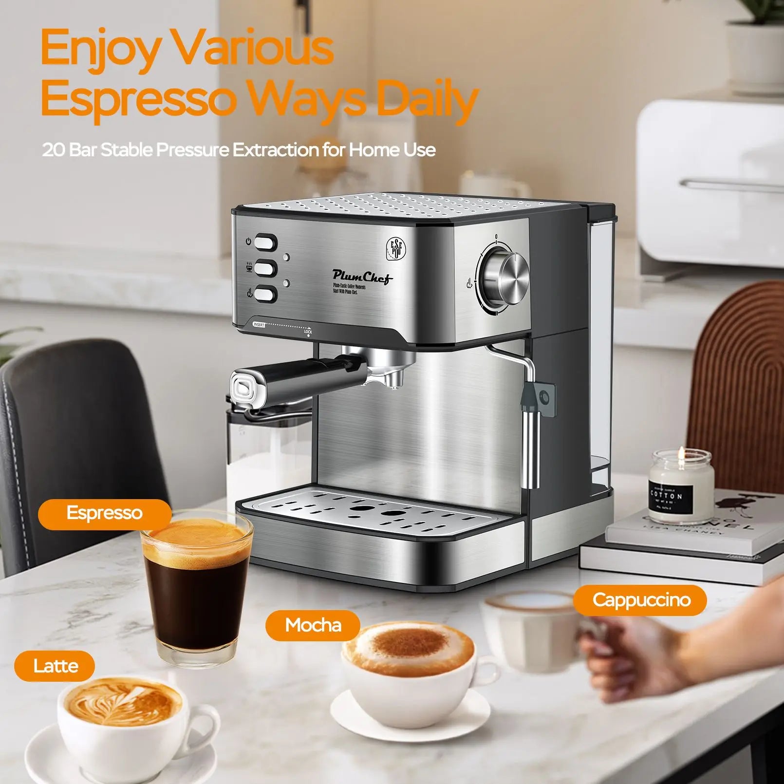 Plum Chef Espresso Machine 20 Bar Professional Compact Homehold Coffee Espresso Maker with Milk Frother Steam Wand 54oz Water Tank Low Noise and Fast Coffee Machine