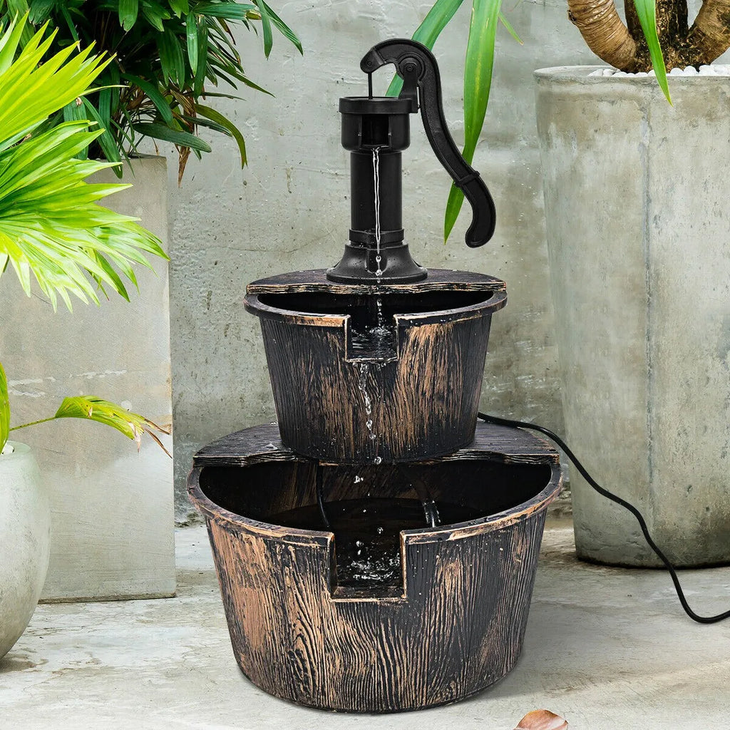 2 Tier Barrel Waterfall Fountain, Barrel Water Fountain Pump, Outdoor Garden Decor