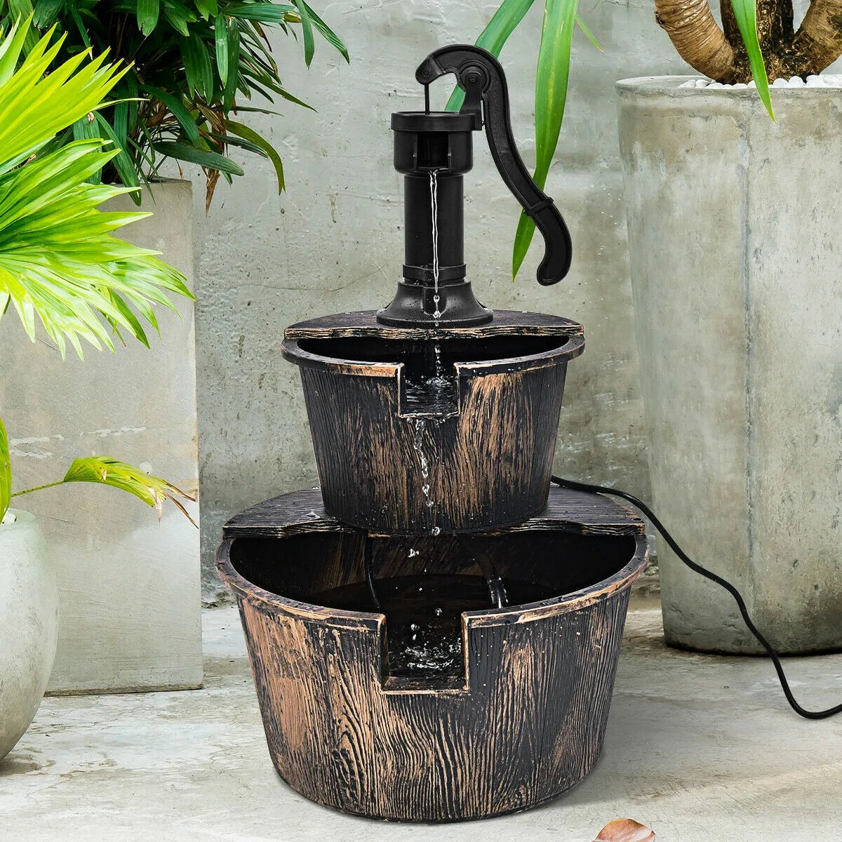 2 Tier Barrel Waterfall Fountain, Barrel Water Fountain Pump, Outdoor Garden Decor