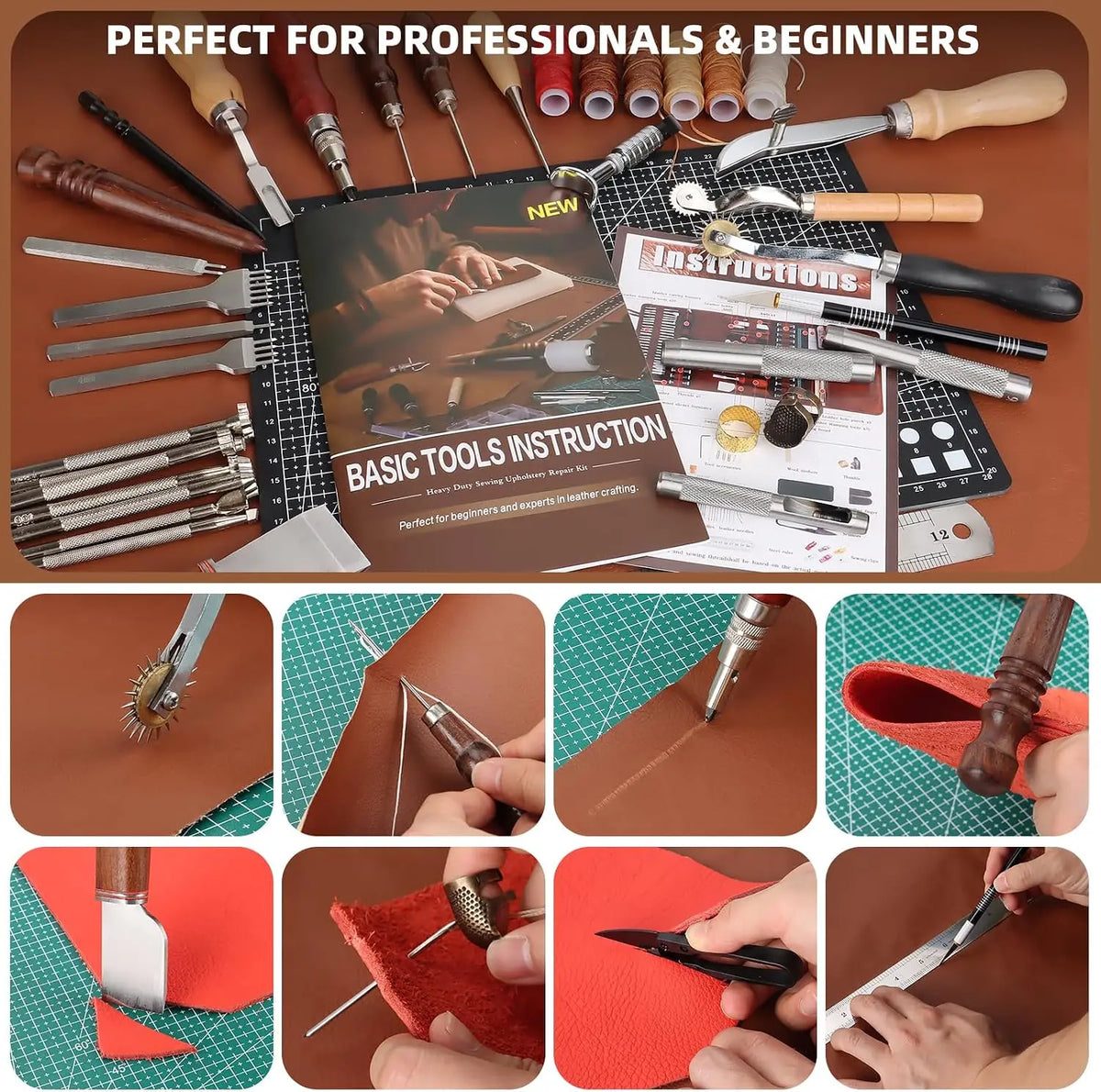 Tanzfrosch Leather Working Tooling Kit All-in-One Set Leatherworking Crafting Tools with Apron Custom Handbag Cutting Mats Stamping Engraving Punching Sewing Sanding Tools for Leather Making Repair Professional