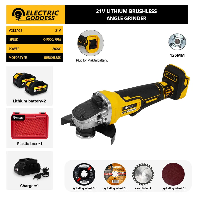 Electric Goddess DCG406 Brushless Angle Grinder Cordless Metal Polishing Machine Cutting Woodworking Power Tool For Makita 21V Battery Pin