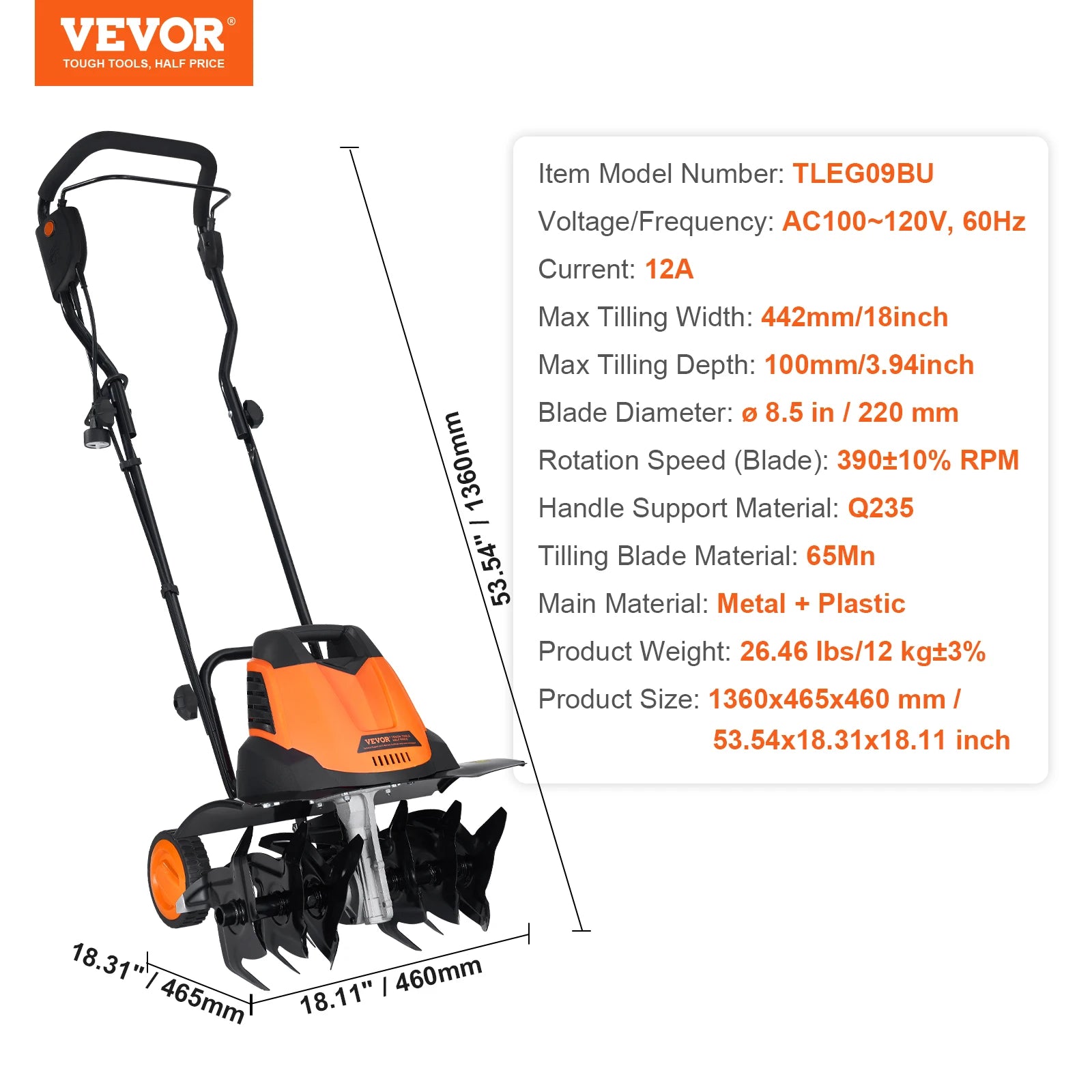 12 Amp Tiller, 18" Tilling Width, 3.94" Tilling Depth, Corded Electric, Steel Tines