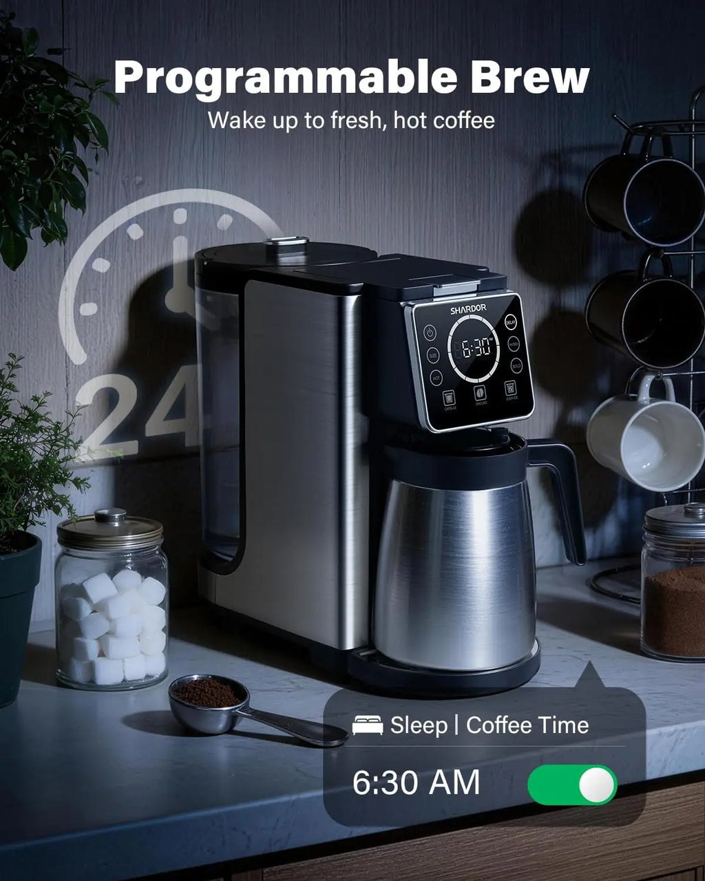 Programmable 5 Cup Drip Coffee Maker, Single Serve Hot & Iced Coffee Machine for K Cup & Grounds, 95oz Reservoir, 6-24oz Brew Size, Strong Brew, Stainless Steel Carafe