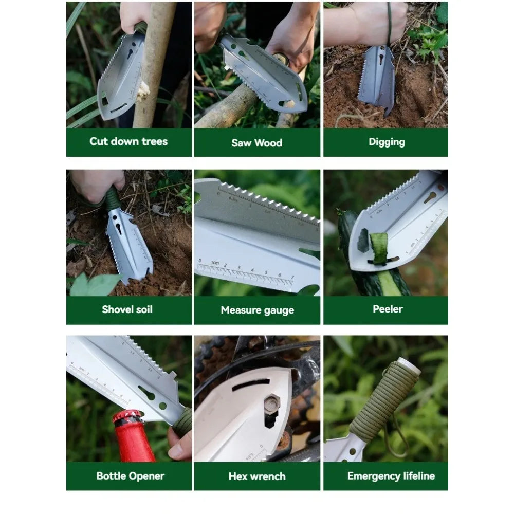 Survival Shovel, Stainless Steel Multi-Tool Camping Spade with Pickaxe & Saw, Portable Tactical EDC Gear for Hiking