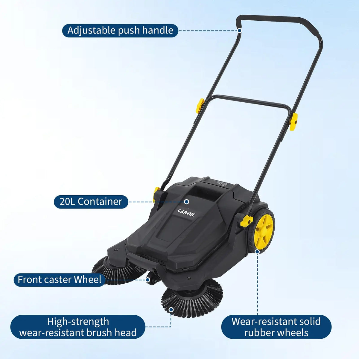 HiMiss 25.6" Manual Push Floor Sweeper, Walk-Behind Sweeper With 5-Gallon Bin, Adjustable Foldable Handle For Garage Patio Driveway