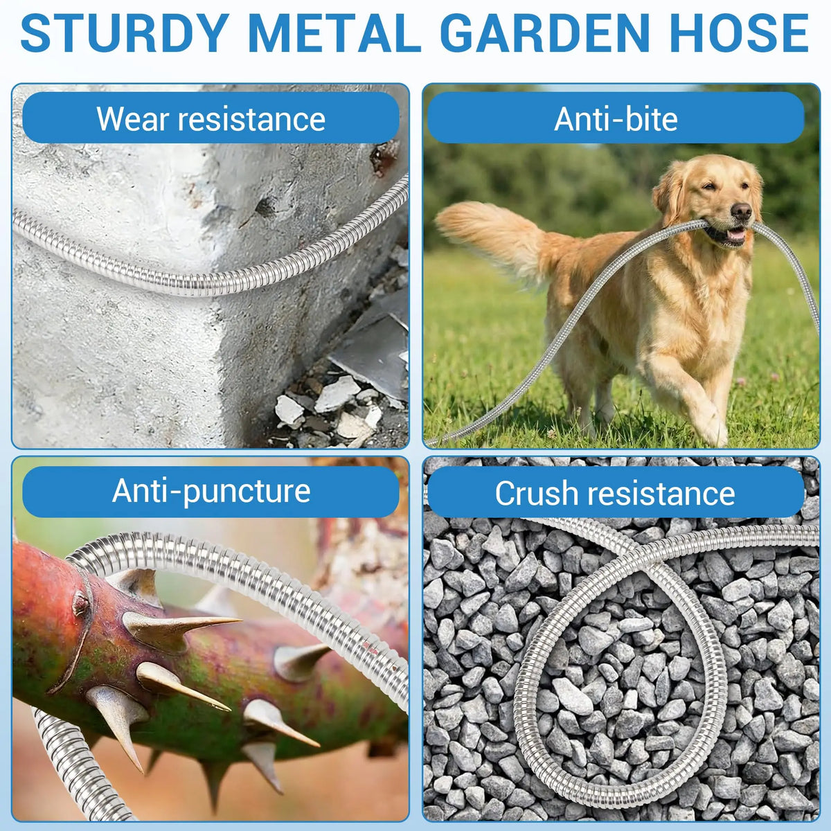 HiMiss 50/100/150FT Stainless Steel Garden Hose With 10-Function Spray Nozzle Kink-Free Metal Water Hose Brass Connectors