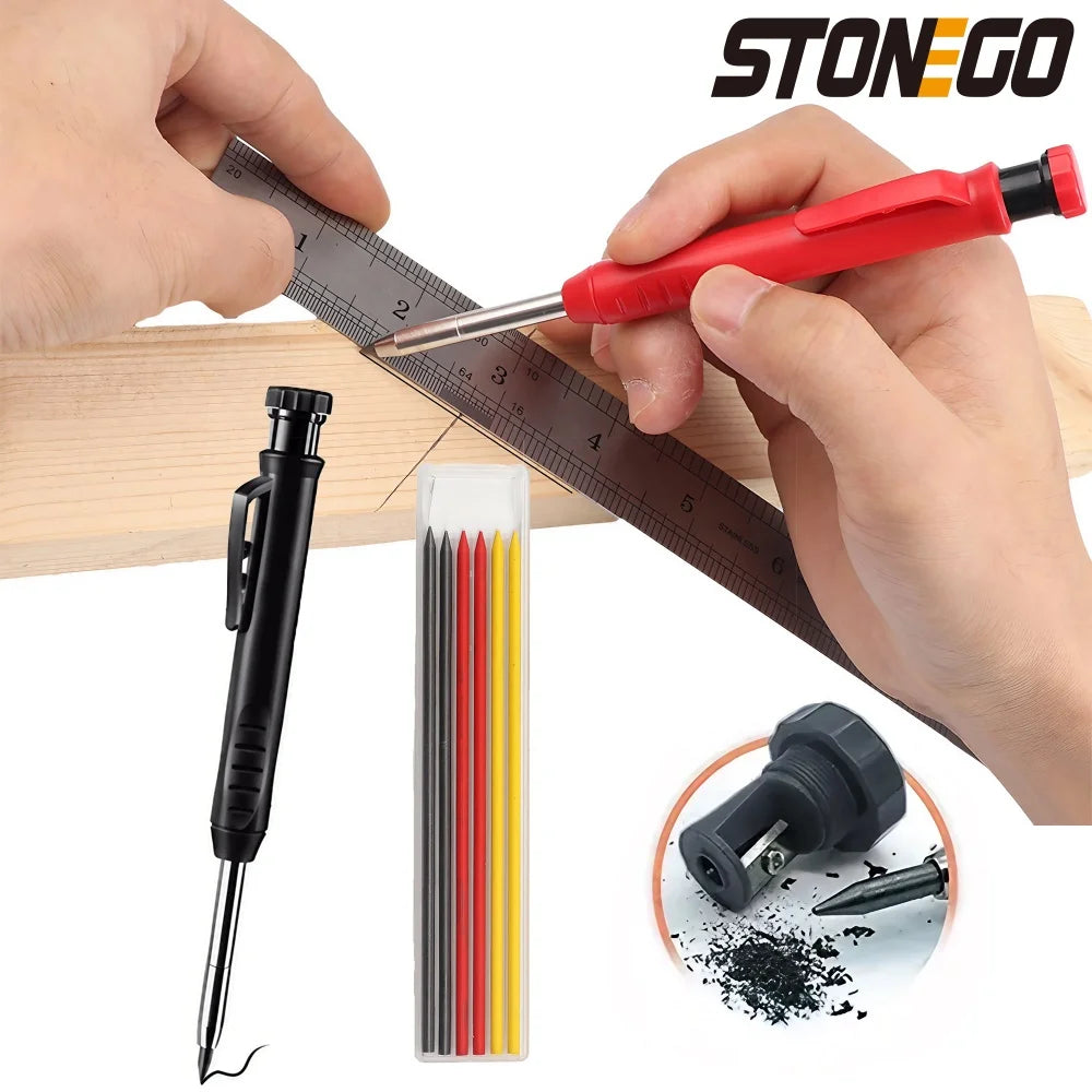 STONEGO Carpenter Pencil Set with 6 Refills and Built in Sharpener Professional Mechanical Marking Pencil for Construction Architecture Woodworking Scriber Tool High Precision Durable Hand Tool Set for Engineers and Builders