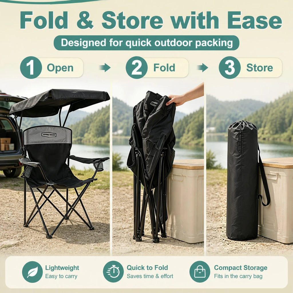 Black Portable Beach Chair with Cup Holder & Side Pocket, Duty Lawn Chair with Carry Bag for Camping, Beach, Fishing, Patio, Hiking, YOUNG WOOD Outdoor Folding Camping Chair with Adjustable Canopy