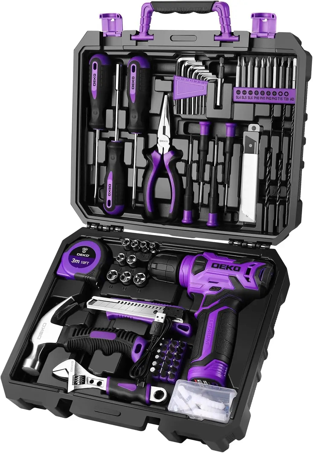 Tool Set with 8V Cordless Drill, 126-Piece Hand Toolbox Kit for Home Repairs, Purple Storage Case