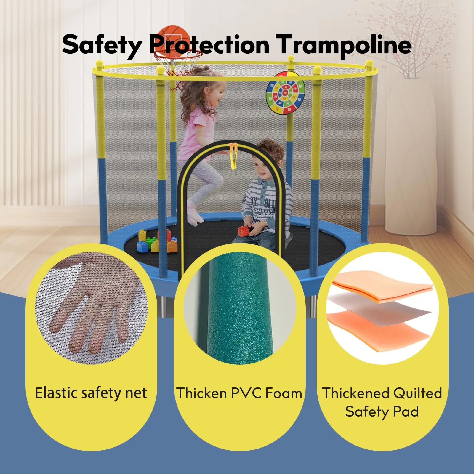 60" Trampoline for Kids with Net, 5FT Indoor & Outdoor Small Toddler Trampoline with Basketball Hoop & Dart Board for Ages 1-8,