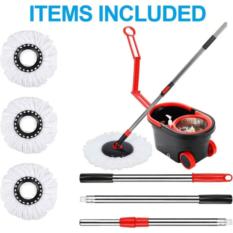 Spin Mop And Bucket With Wringer Set, 360° Rotating Head Mop Bucket System With 3 Microfiber Mop Refills Wet