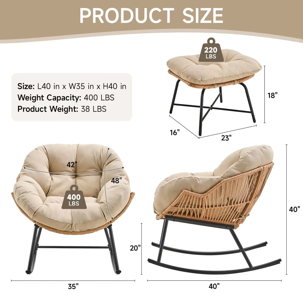 Papasan Rocking Chair with Ottoman, Oversized Wicker Rattan Egg Patio Chair Indoor Outdoor Lounge Rocker Chair for Garden