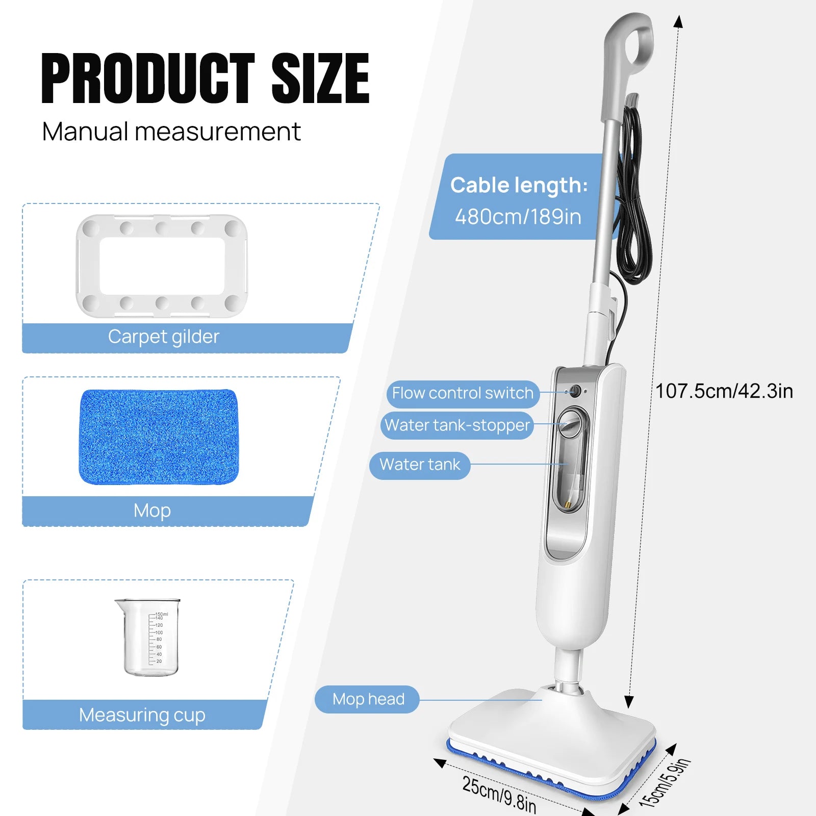 DayPlus Steam Mop 1500W Powerful Floor Steamer for Carpet Laminate Hardwood,2 Washable Pads, 400ml