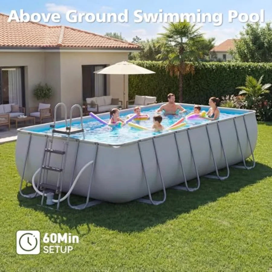Backyard rectangular above ground pool set, Swimming pool w/steel frame with gray PVC liner, 18' x 9' x 47, includes removable ladder and filter