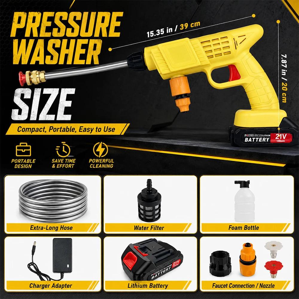 Cordless High-Pressure Car Cleaning Gun, Cordless High-Pressure Spray Washer — A Courtyard/Garden Irrigation Tool, Comes With A Battery, Foam Cannon, and Long Hose