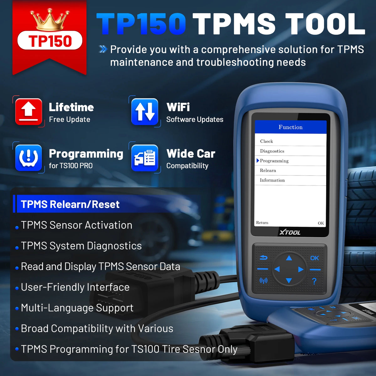 XTOOL TP150 TPMS Programming Tools For 315Mhz & 433Mhz Sensors Tire Pressure Reset Tool Sensor Activation Lifetime Free Update